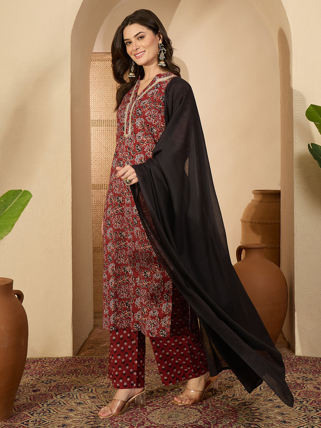 Janasya Women's Maroon Pure Cotton Floral Printed Straight Kurta Set