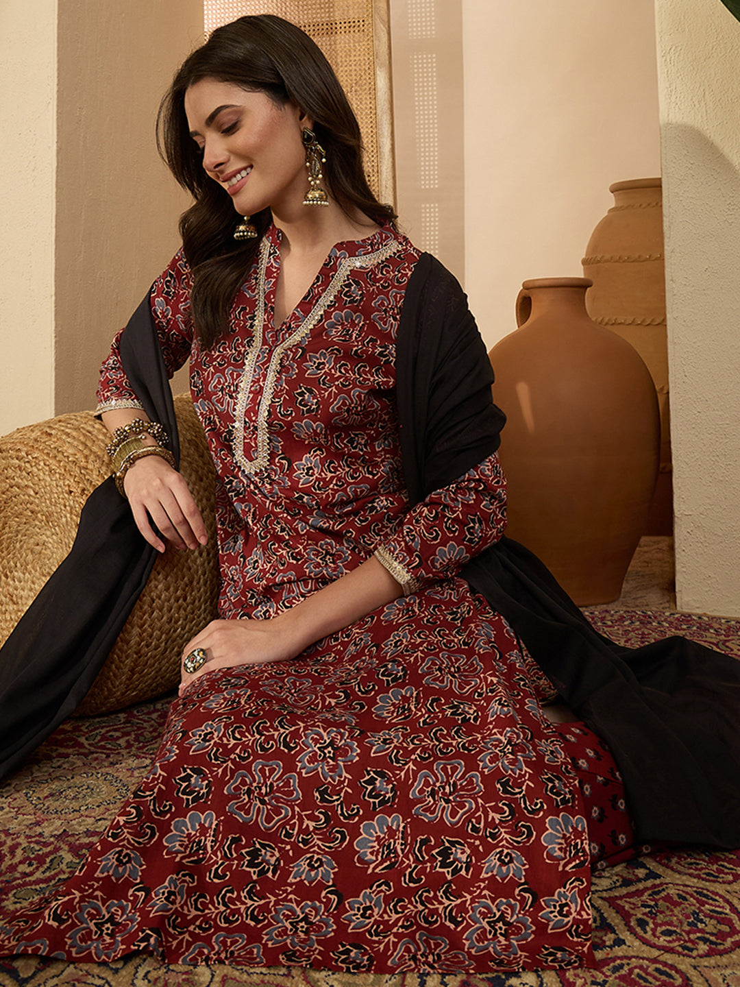 Janasya Women's Maroon Pure Cotton Floral Printed Straight Kurta Set