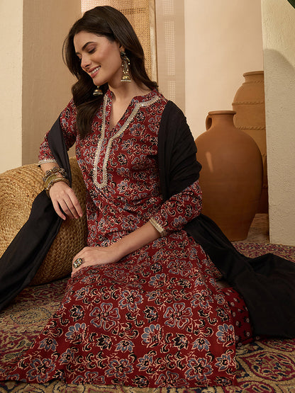 Janasya Women's Maroon Pure Cotton Floral Printed Straight Kurta Set