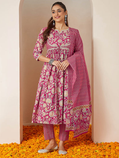 Janasya Women's Pink Pure Cotton Embellished Floral Printed A-line Kurta Set