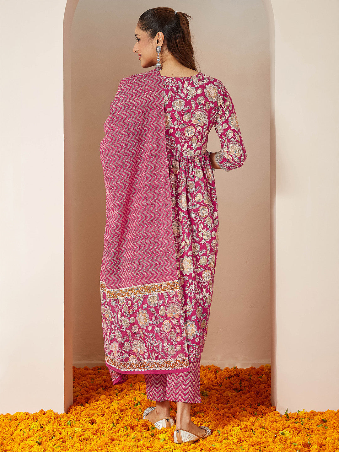 Janasya Women's Pink Pure Cotton Embellished Floral Printed A-line Kurta Set