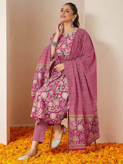 Janasya Women's Pink Pure Cotton Embellished Floral Printed A-line Kurta Set