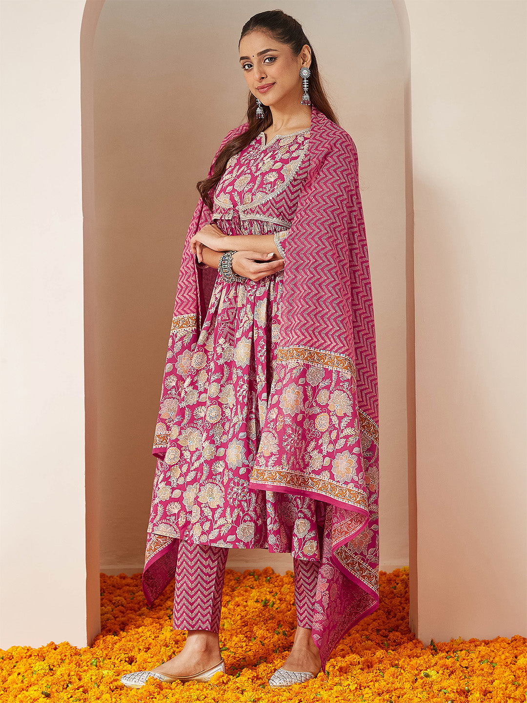 Janasya Women's Pink Pure Cotton Embellished Floral Printed A-line Kurta Set