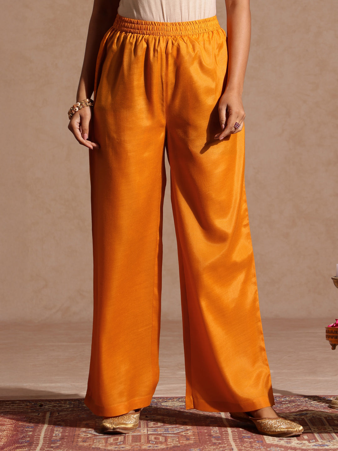 Janasya Women's Mustard Silk Blend Zari Yoke Embroidered A-line Kurta Set