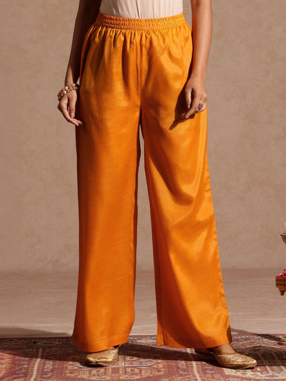 Janasya Women's Mustard Silk Blend Zari Yoke Embroidered A-line Kurta Set