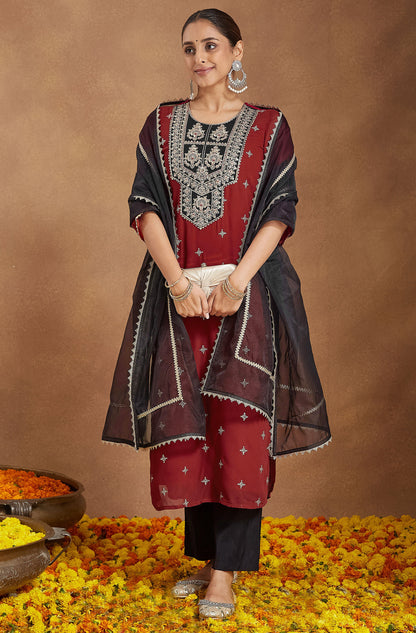 Janasya Women's Red Chanderi Silk Embroidered Straight Kurta Set