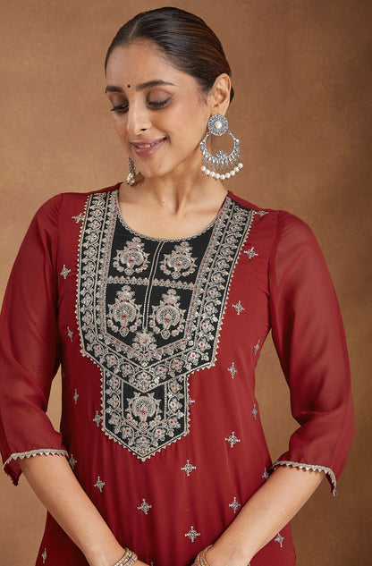 Janasya Women's Red Chanderi Silk Embroidered Straight Kurta Set