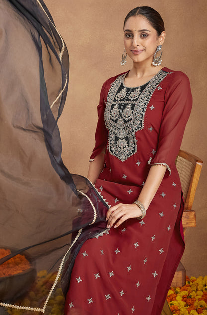 Janasya Women's Red Chanderi Silk Embroidered Straight Kurta Set