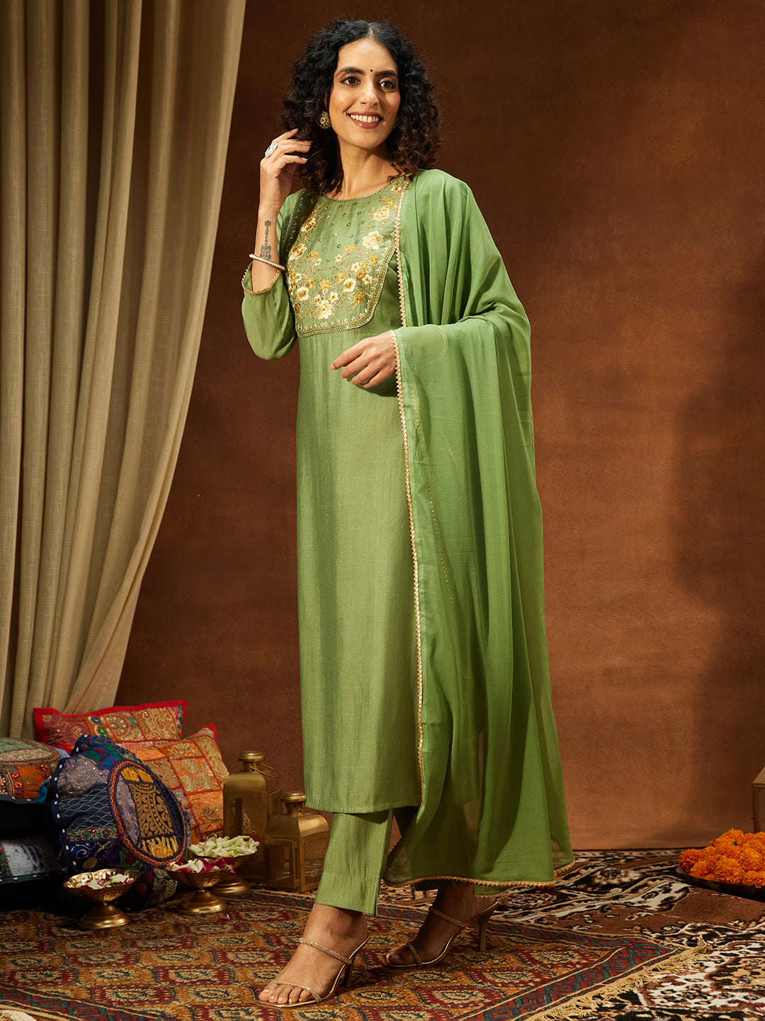 Janasya Women's Sage Green Silk Blend Zari Yoke Embroidered Straight Kurta Set