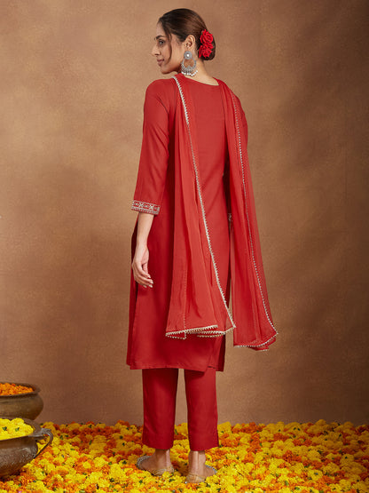 Janasya Women's Red Rayon Yoke Embroidered Straight Kurta Set