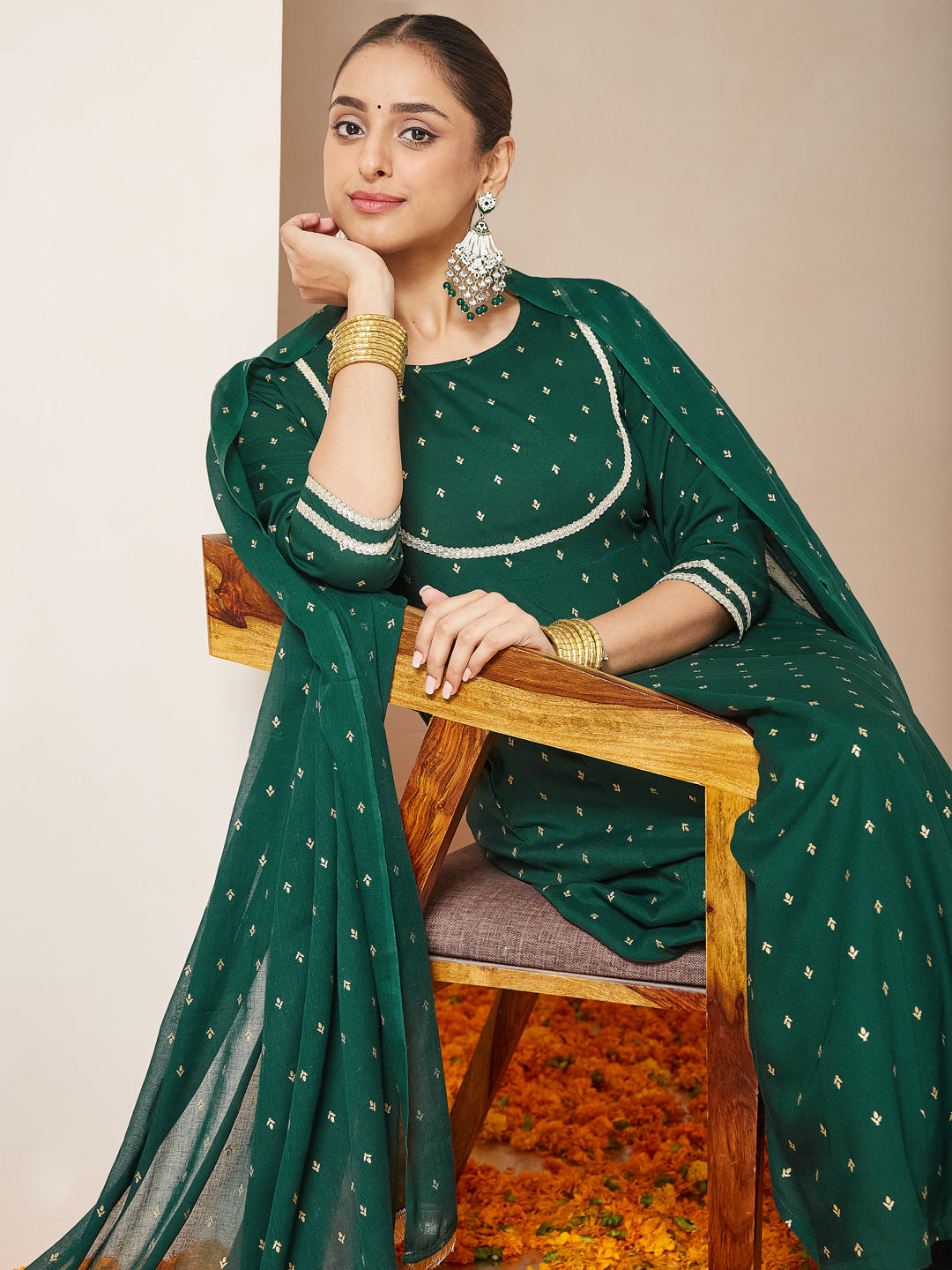 Janasya Women's Dark Green Rayon Gold Printed Anarkali Kurta Set