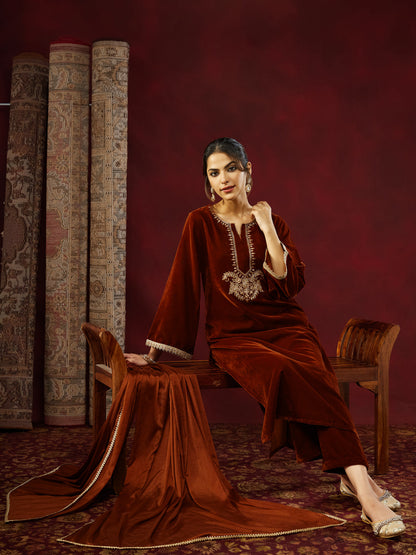 Janasya Women's Brown Velvet Zari Yoke Embroidered Straight Kurta Set