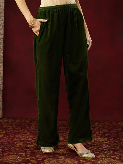 Janasya Women's Olive Green Velvet Zari Yoke Embroidered Straight Kurta Set