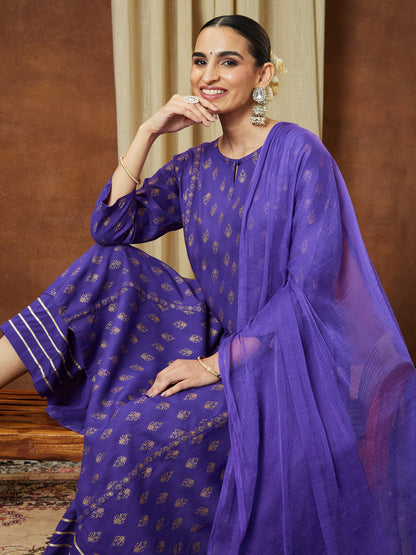 Janasya Women's Purple Rayon Ethnic Motifs Gold Printed A-line Kurta Set