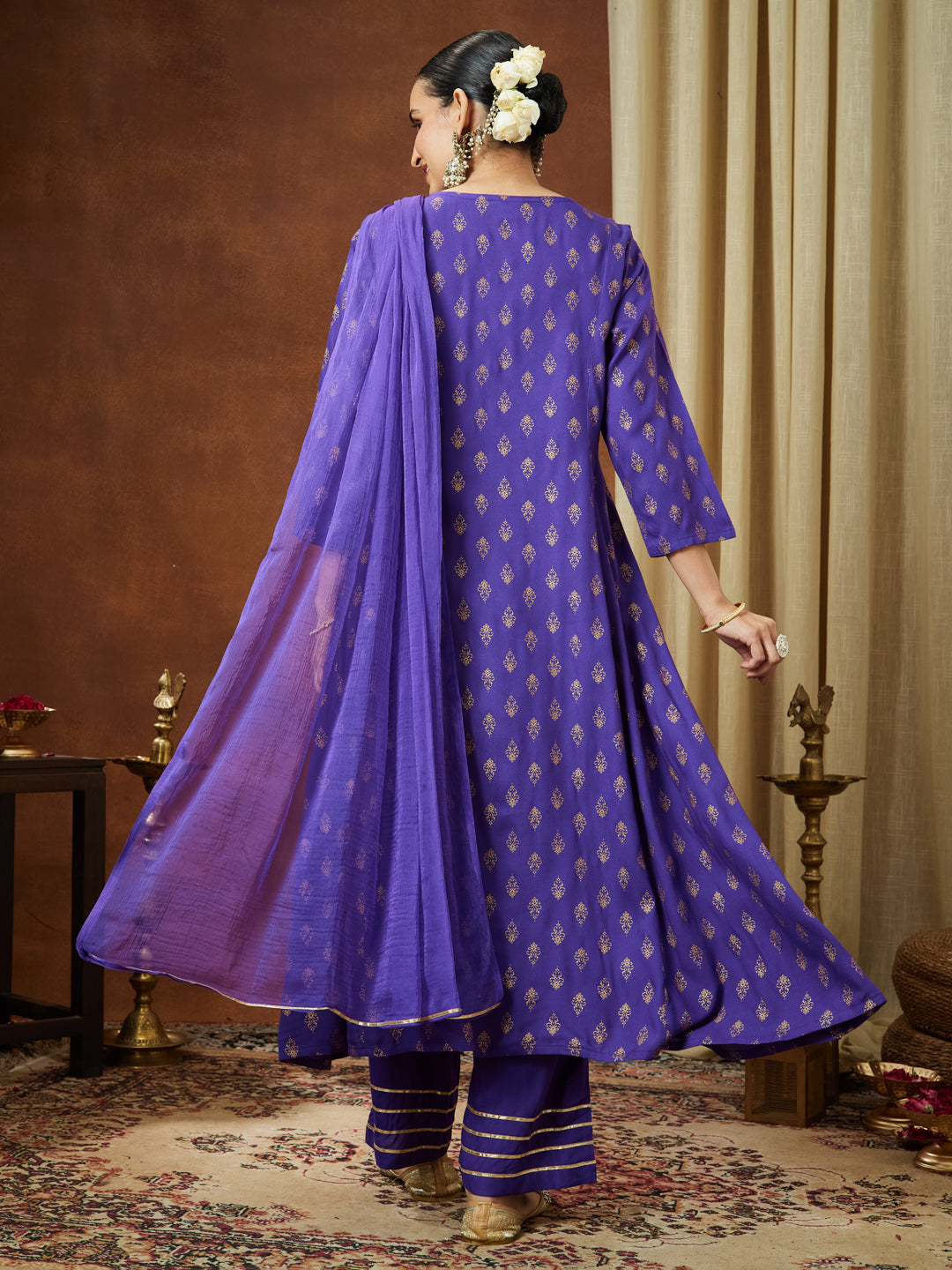 Janasya Women's Purple Rayon Ethnic Motifs Gold Printed A-line Kurta Set