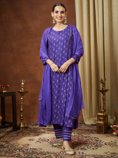 Janasya Women's Purple Rayon Ethnic Motifs Gold Printed A-line Kurta Set