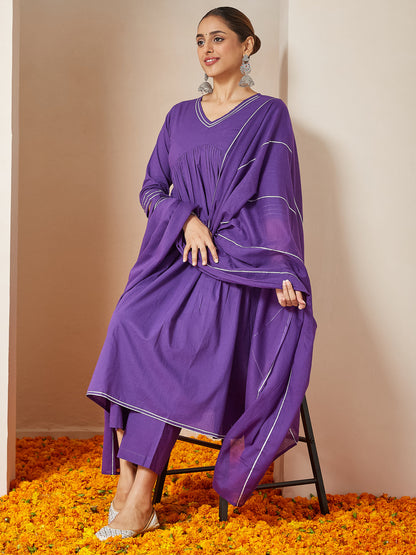 Janasya Women's Purple Pure Cotton Embellished A-line Kurta Set