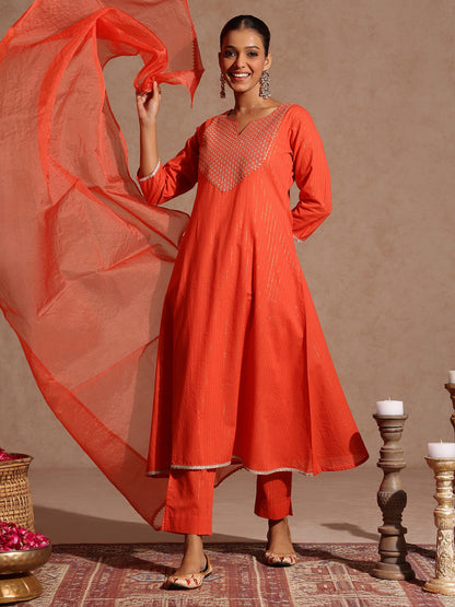 Janasya Women's Orange Pure Cotton Yoke Zari Embroidered A-line Kurta Set