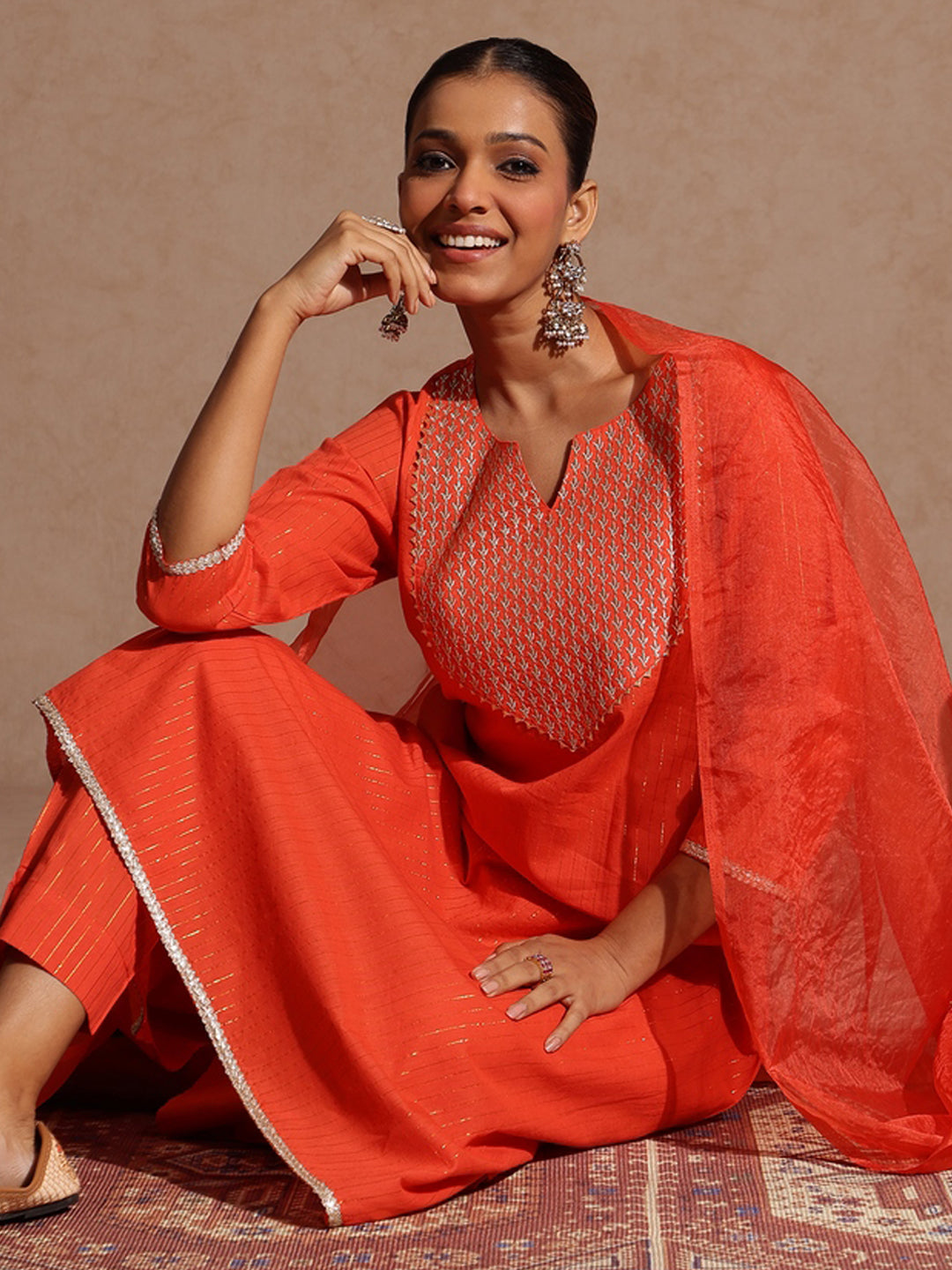 Janasya Women's Orange Pure Cotton Yoke Zari Embroidered A-line Kurta Set