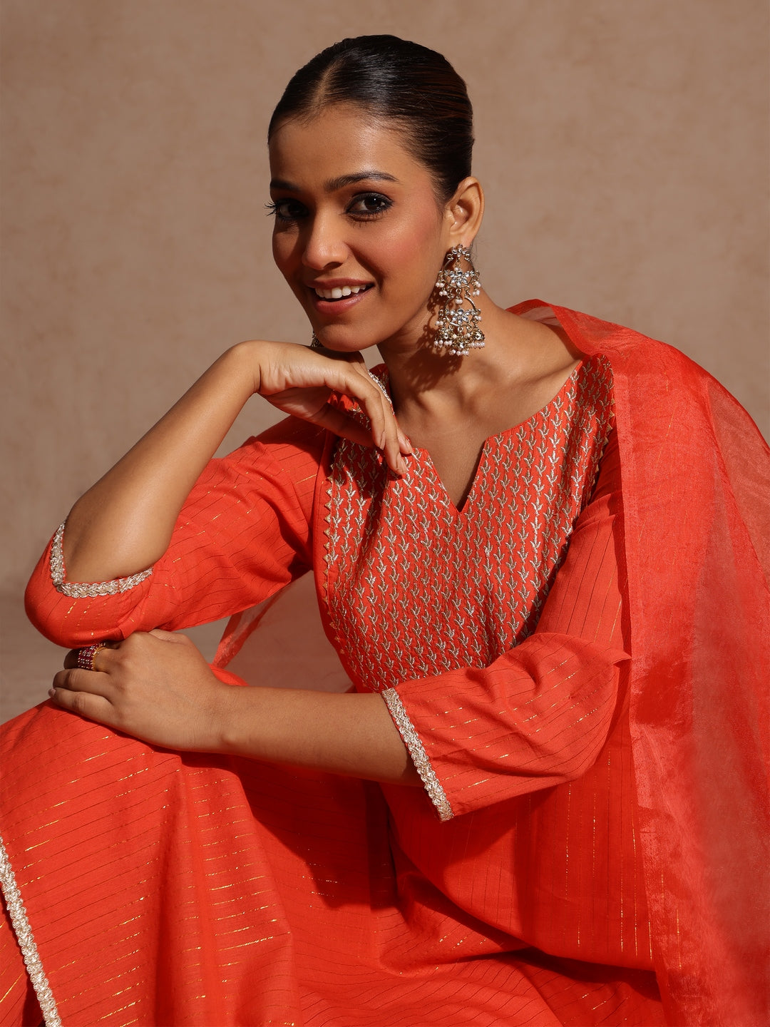 Janasya Women's Orange Pure Cotton Yoke Zari Embroidered A-line Kurta Set