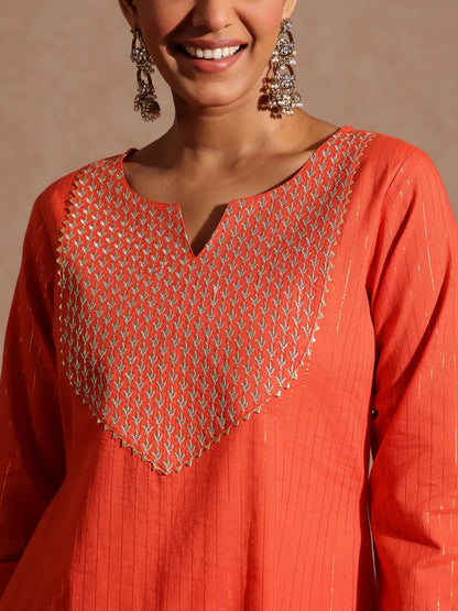 Janasya Women's Orange Pure Cotton Yoke Zari Embroidered A-line Kurta Set