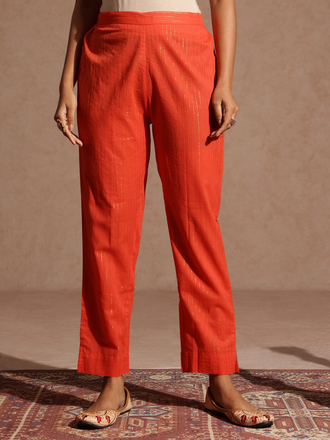 Janasya Women's Orange Pure Cotton Yoke Zari Embroidered A-line Kurta Set