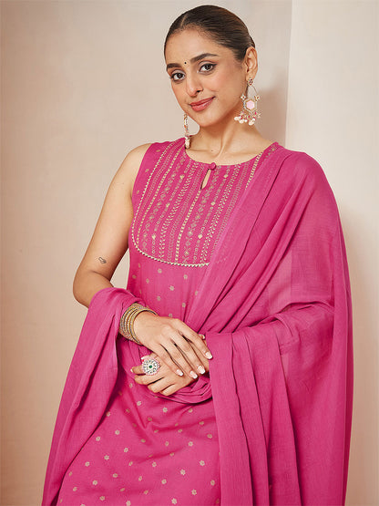 Janasya Women's Pink Rayon Gold Printed Straight Kurta Set