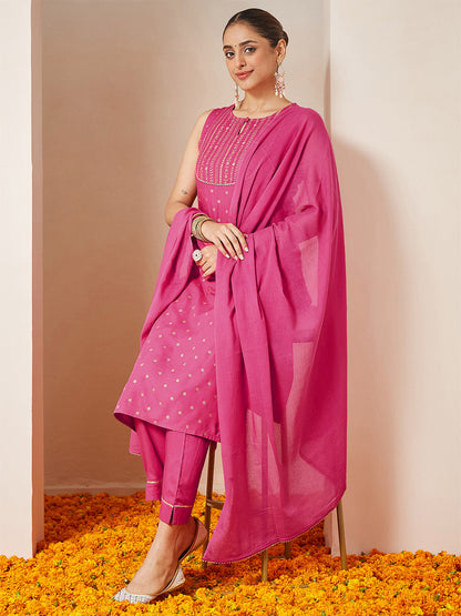 Janasya Women's Pink Rayon Gold Printed Straight Kurta Set