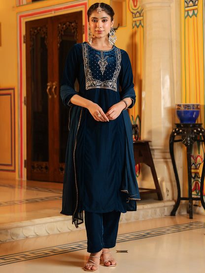 Janasya Women's Teal Blue Velvet Zari Yoke Embroidered Straight Kurta Set