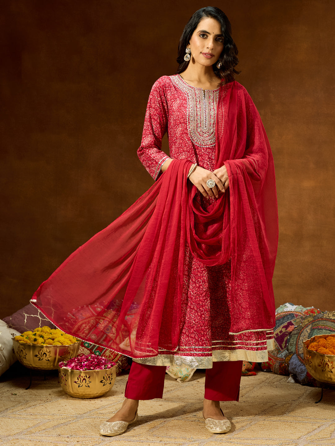 Janasya Women's Maroon Pure Cotton Floral Printed Yoke Embroidered Anarkali Kurta Set