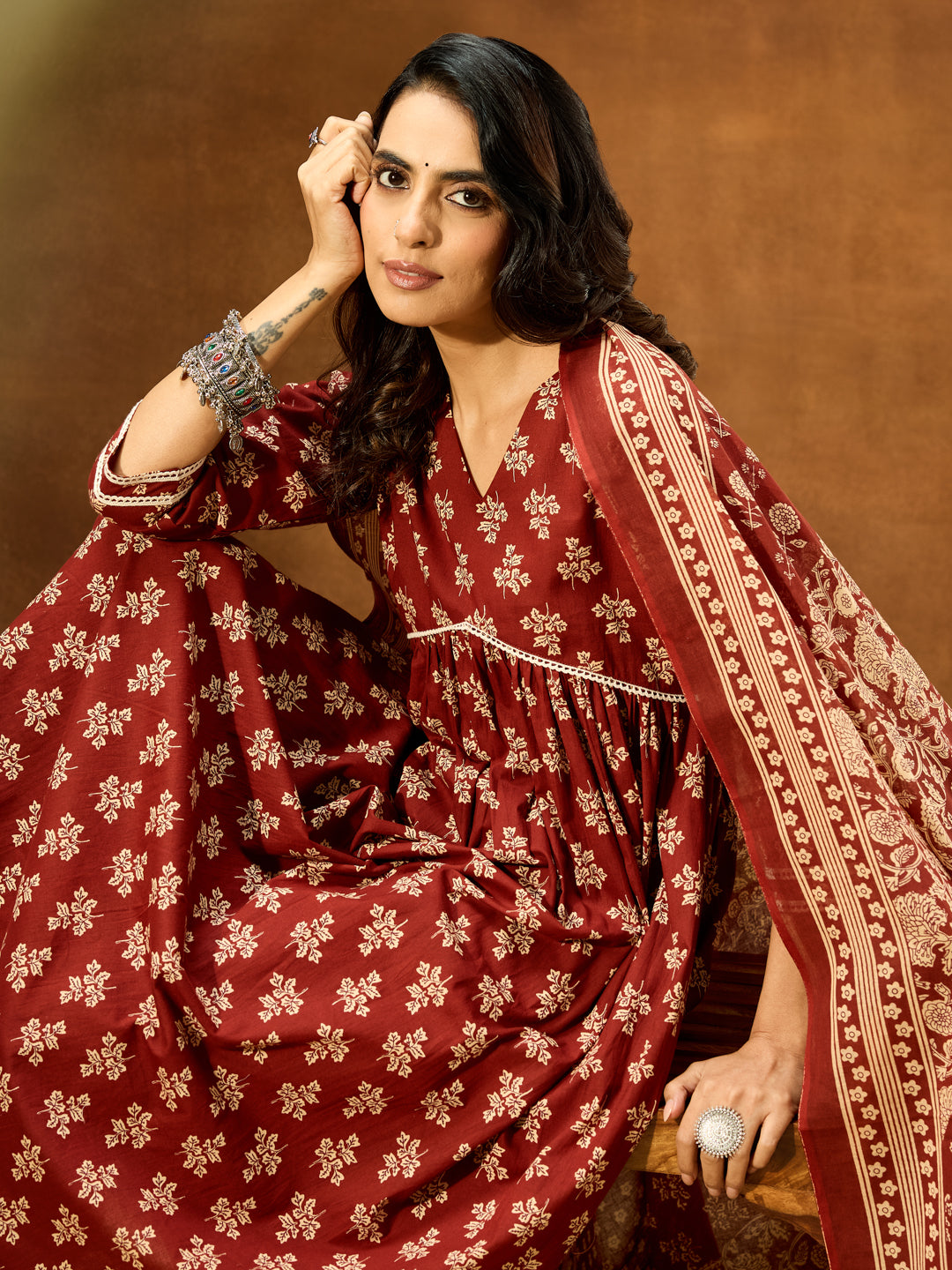 Janasya Women's Brown Pure Cotton Floral Printed A-line Kurta Set