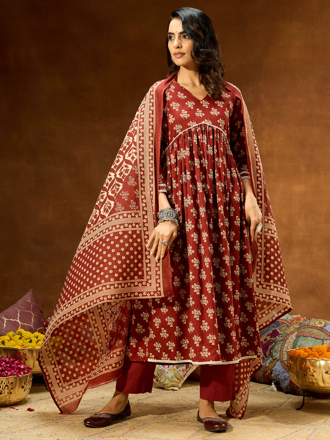 Janasya Women's Brown Pure Cotton Floral Printed A-line Kurta Set