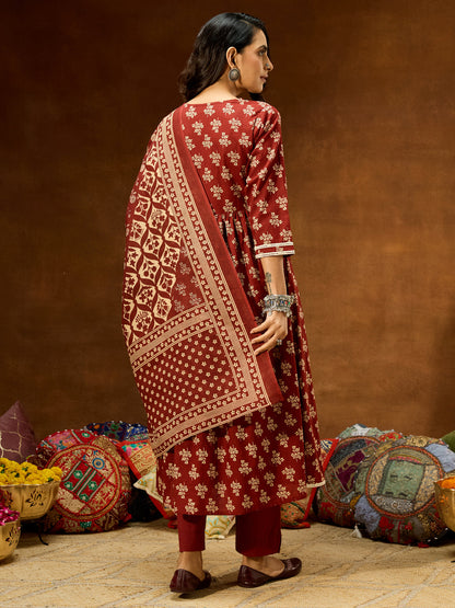 Janasya Women's Brown Pure Cotton Floral Printed A-line Kurta Set