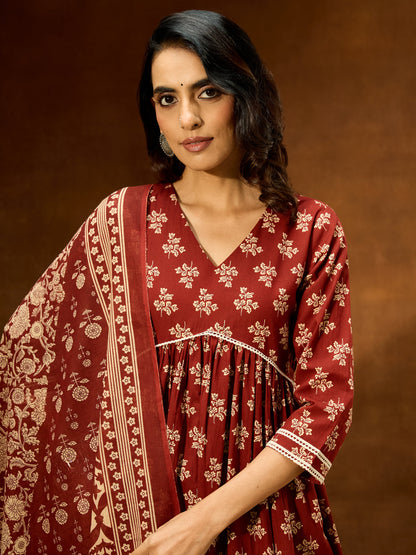 Janasya Women's Brown Pure Cotton Floral Printed A-line Kurta Set