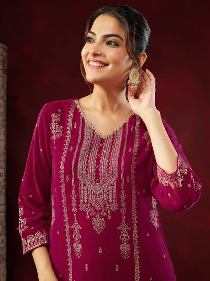 Janasya Women's Pink Velvet Embellished Gold Printed Straight Kurta Set