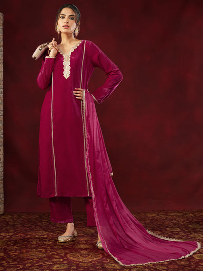 Janasya Women's Pink Velvet Embellished Straight Kurta Set