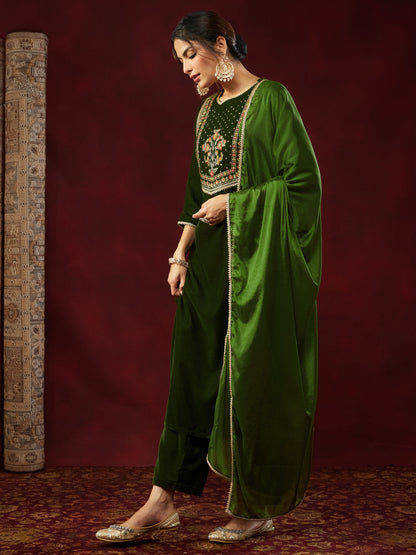 Janasya Women's Olive Green Velvet Yoke Embroidered Straight Kurta Set