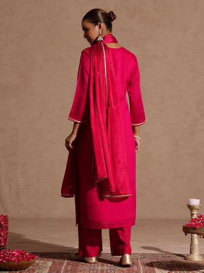 Janasya Women's Pink Silk Blend Zari Embroidered Straight Kurta Set