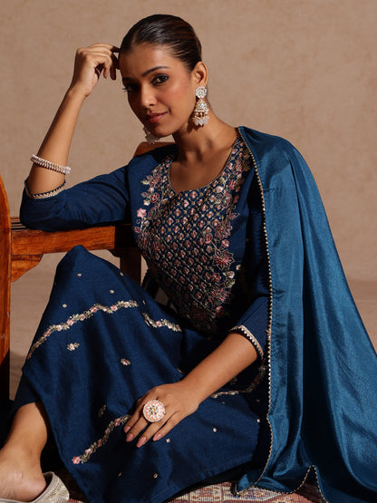 Janasya Women's Teal Blue Silk Blend Zari Embroidered Straight Kurta Set