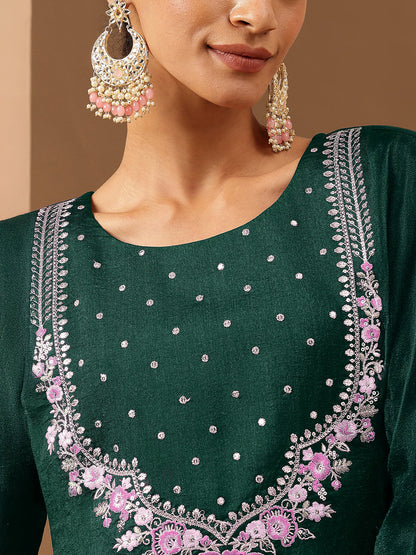 Janasya Women's Bottle Green Silk Blend Zari Embroidered Straight Kurta Set
