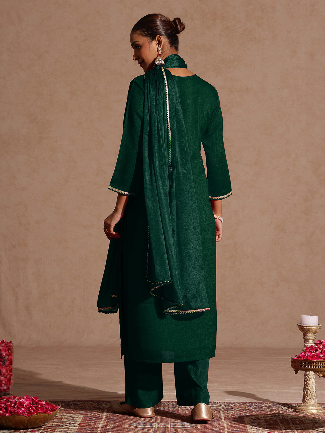 Janasya Women's Bottle Green Silk Blend Zari Embroidered Straight Kurta Set