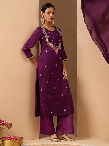 Janasya Women's Purple Silk Blend Zari Embroidered Straight Kurta Set