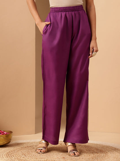 Janasya Women's Purple Silk Blend Zari Embroidered Straight Kurta Set