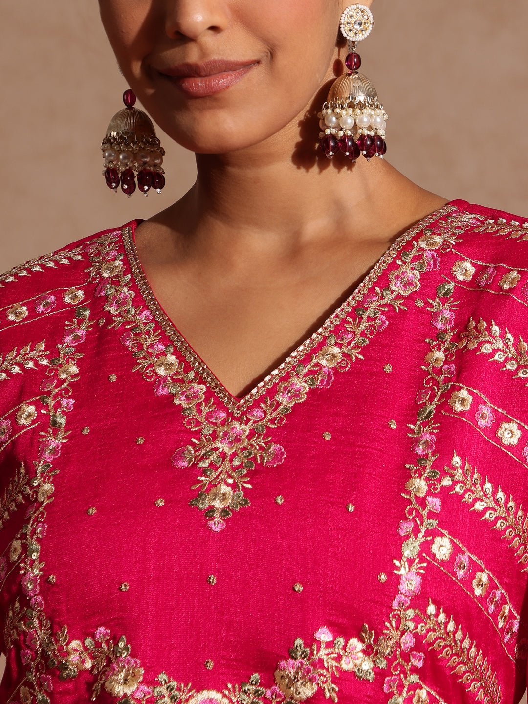 Janasya Women's Pink Silk Blend Zari Embroidered Straight Kurta Set