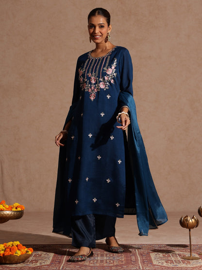 Janasya Women's Teal Blue Silk Blend Embroidered Straight Kurta Set