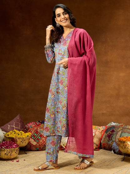 Janasya Women's Blue Pure Cotton Floral Printed Straight Kurta Set