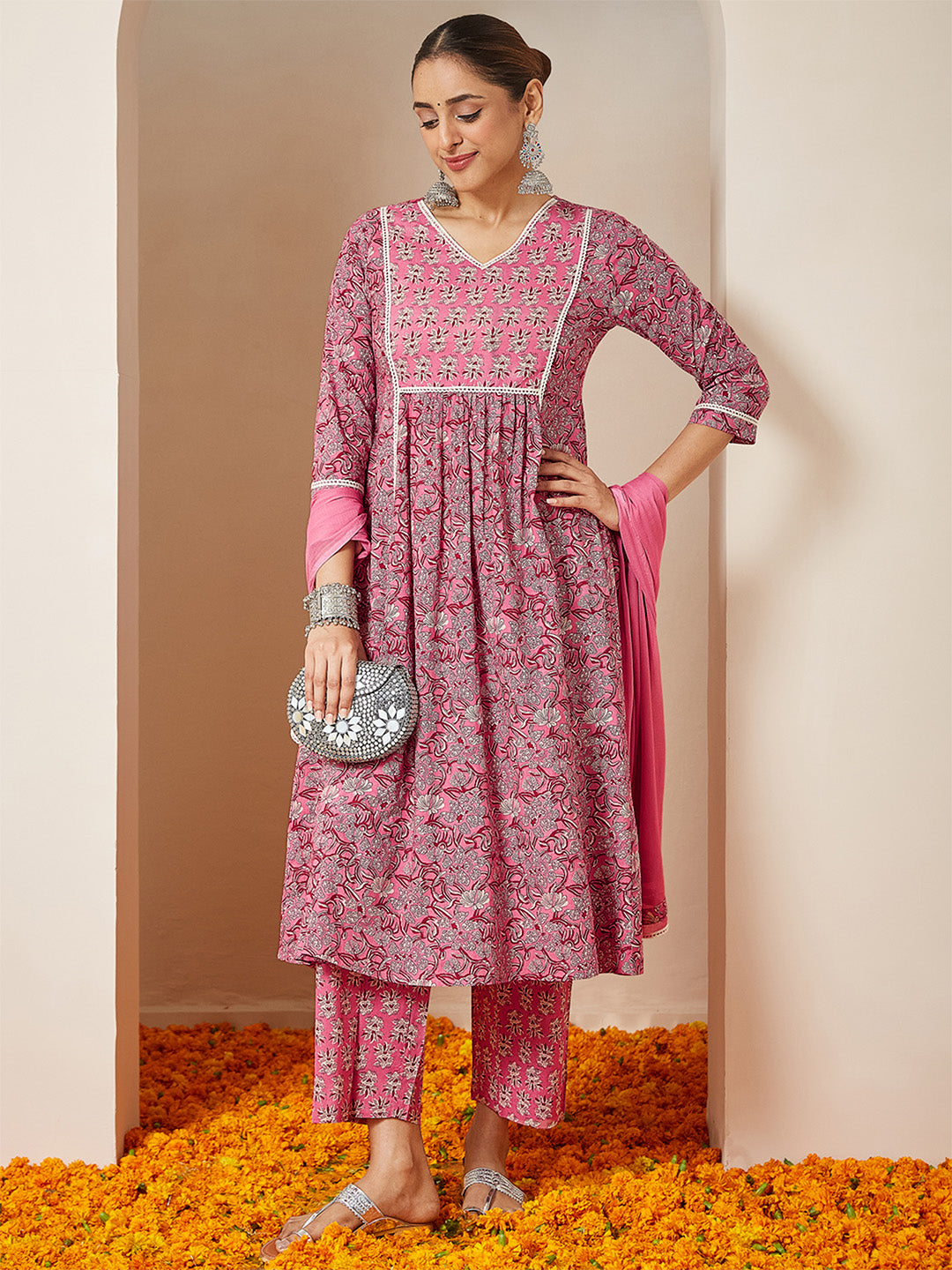 Janasya Women's Pink Pure Cotton Floral Printed A-line Kurta Set