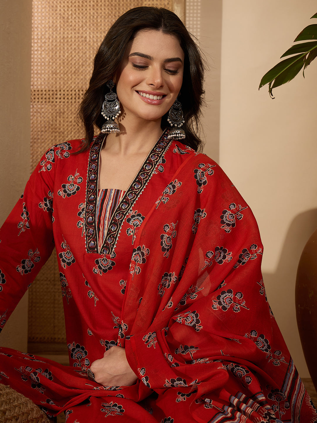 Janasya Women's Rust Pure Cotton Floral Printed Straight Kurta Set
