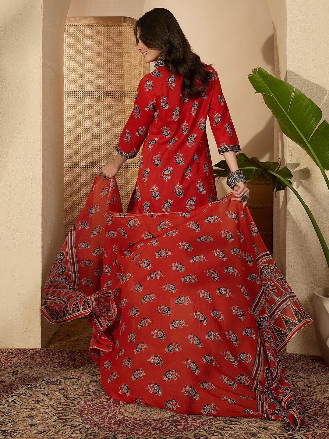 Janasya Women's Rust Pure Cotton Floral Printed Straight Kurta Set