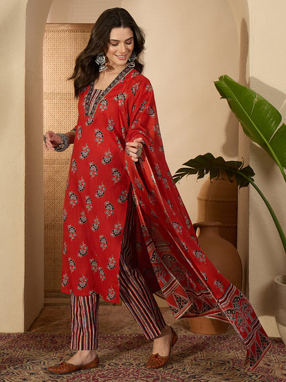 Janasya Women's Rust Pure Cotton Floral Printed Straight Kurta Set